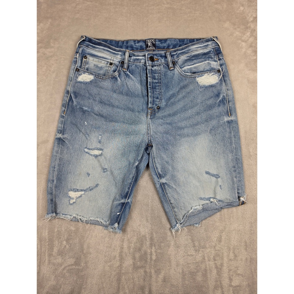 PRPS Goods Co Challenger Denim Shorts Mens 32 Light Indigo Distressed Cut Off